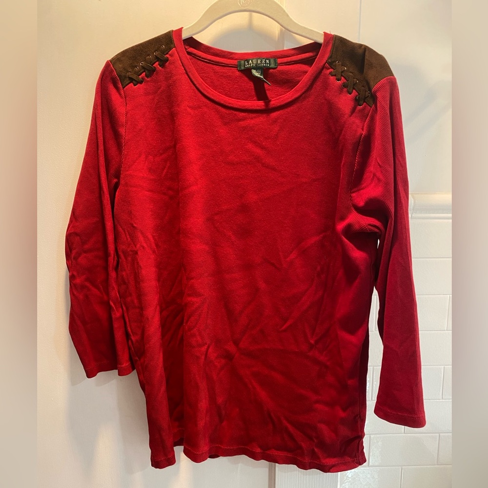 Lauren Ralph Lauren-Ribbed crewneck w/Faux Suede Detail @Shoulder, Red, Size XL